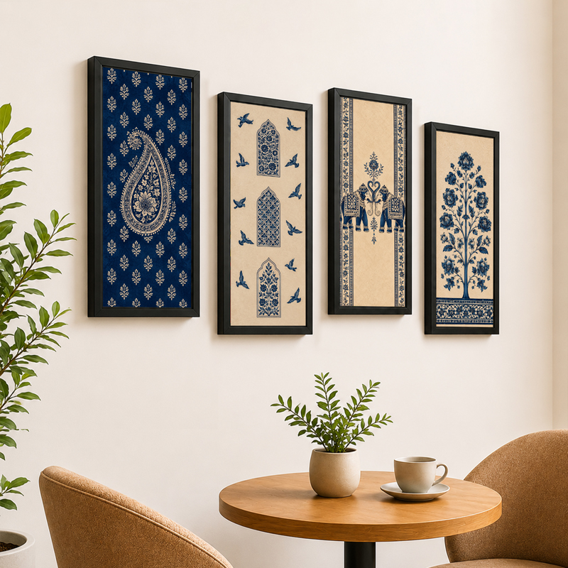 Indian Heritage Floral Paper Wall Painting With Frame - Set of Four