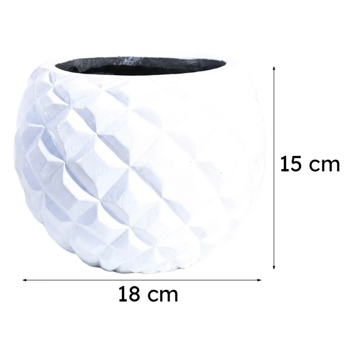 White faceted round planter displayed against a light background.