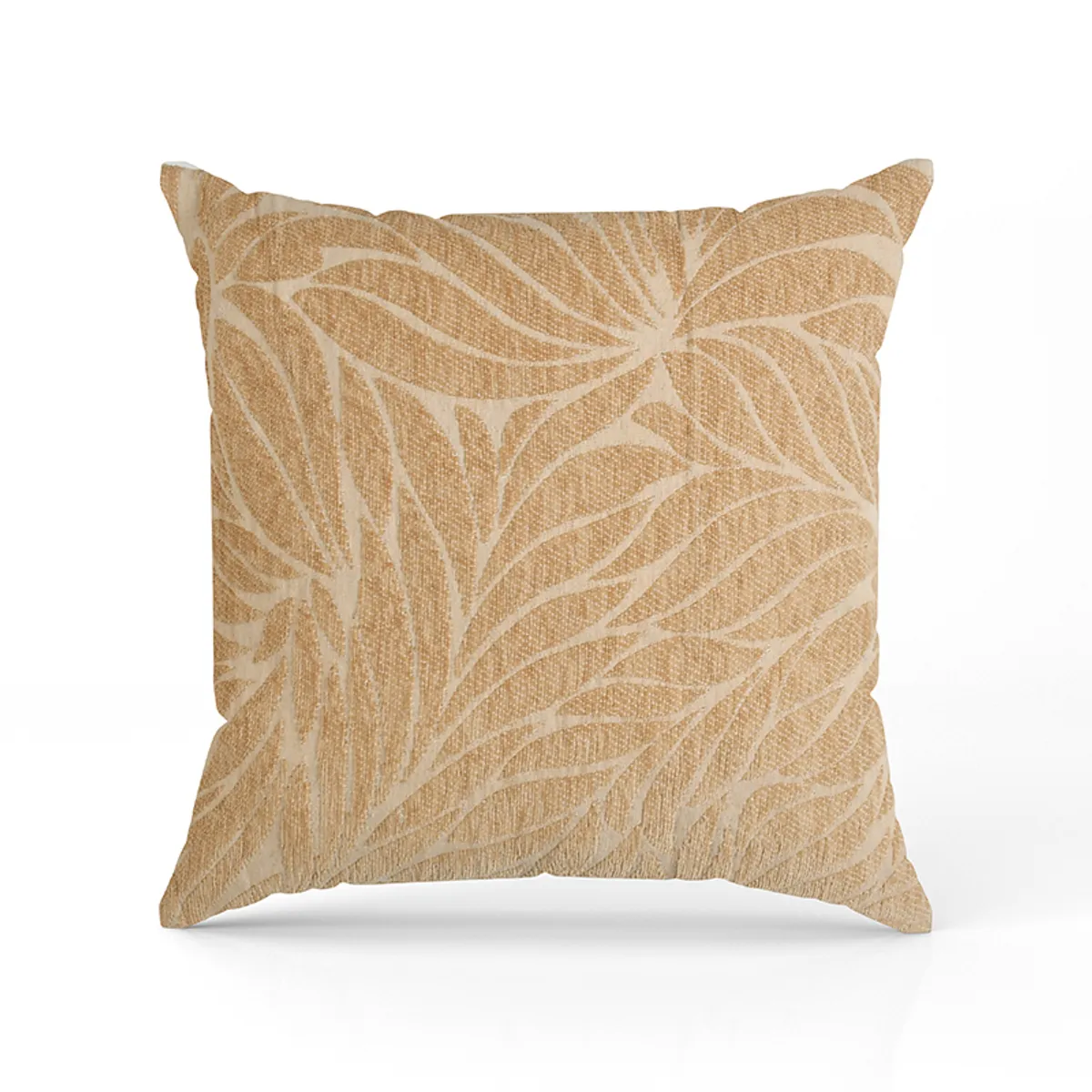 Front view of a beige square cushion cover with a raised leaf motif