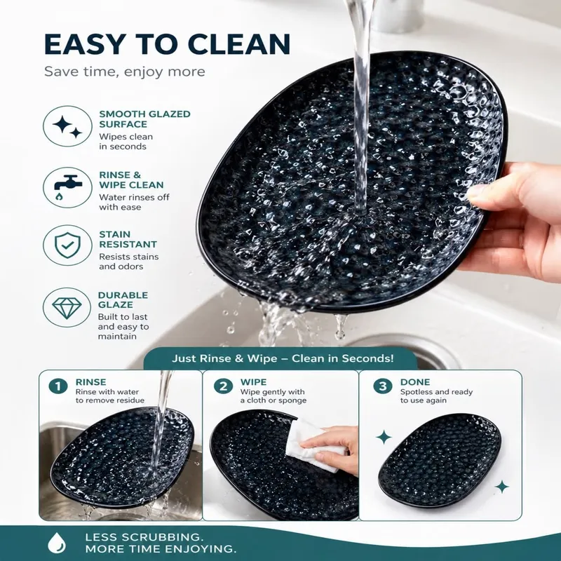 Dark blue textured oval platter being rinsed under running water