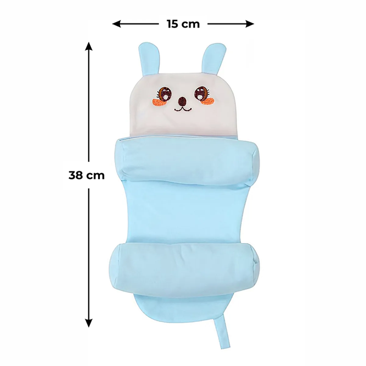 Blue bunny-face baby pillow shown with size arrows on a white background