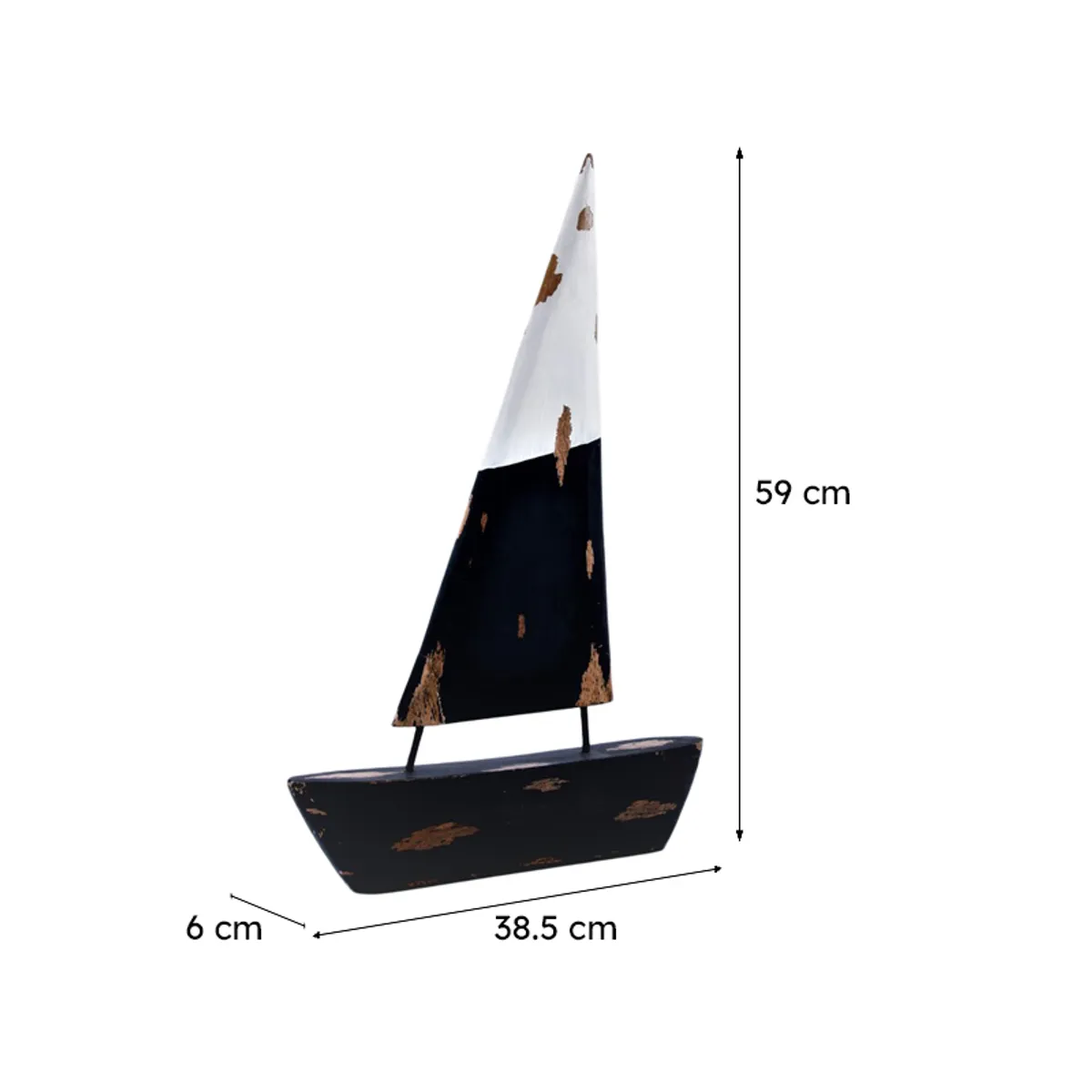 Black and white sailboat showpiece displayed with dimension markings