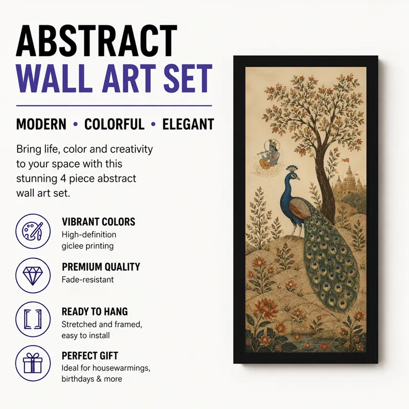 Single framed peacock artwork shown beside a promotional layout.
