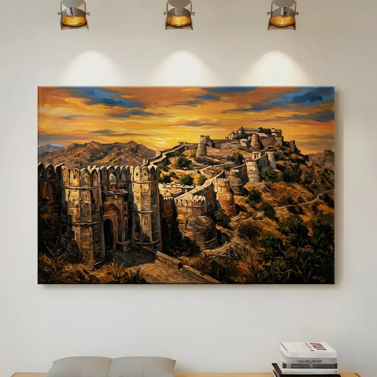 Large rectangular canvas painting of a hilltop fort beneath an orange sunset sky