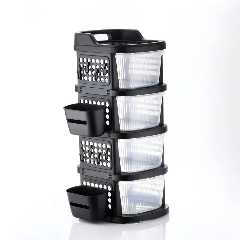 Freestanding black rack with four transparent drawers and detachable side baskets
