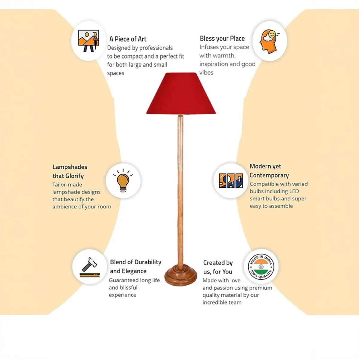 Promotional graphic showing the red shade wooden floor lamp with illustrated callouts