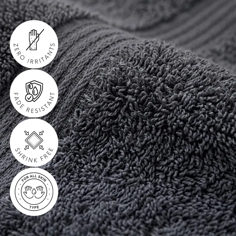 Close-up of charcoal grey towel texture with feature icons