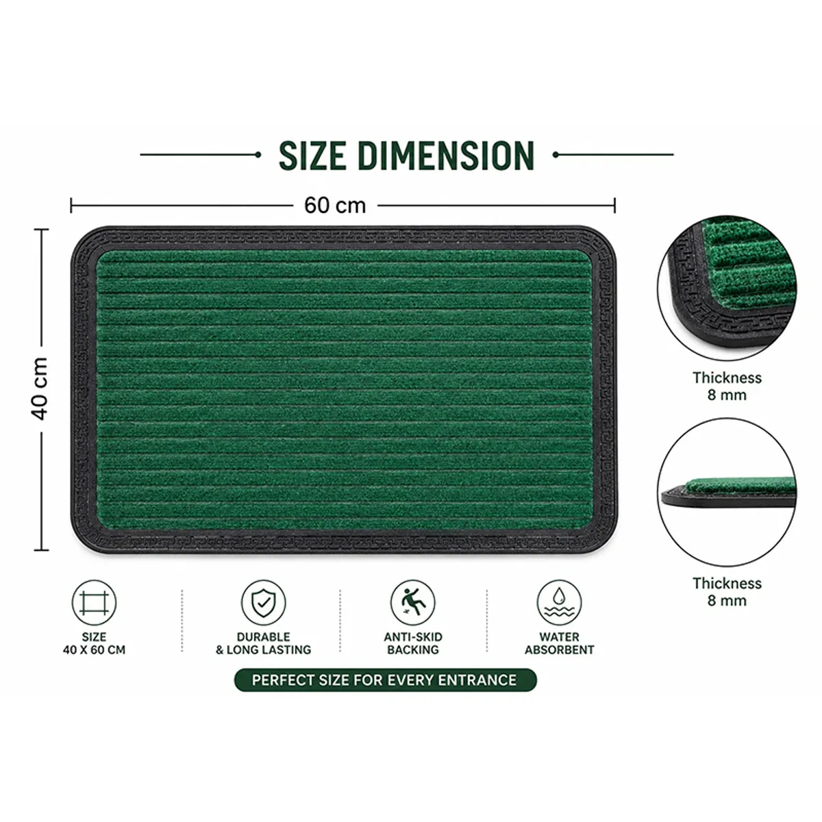 Green rectangular door mat shown flat with ribbed surface and black border