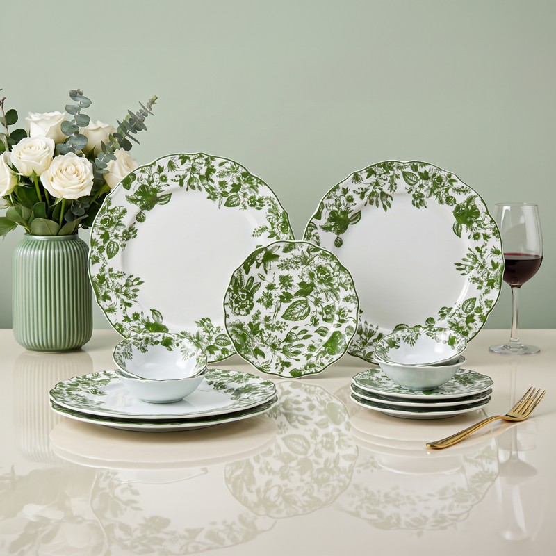 Granpiatto Porcelain Dinner Set (Green & White) - 12 Piece Set