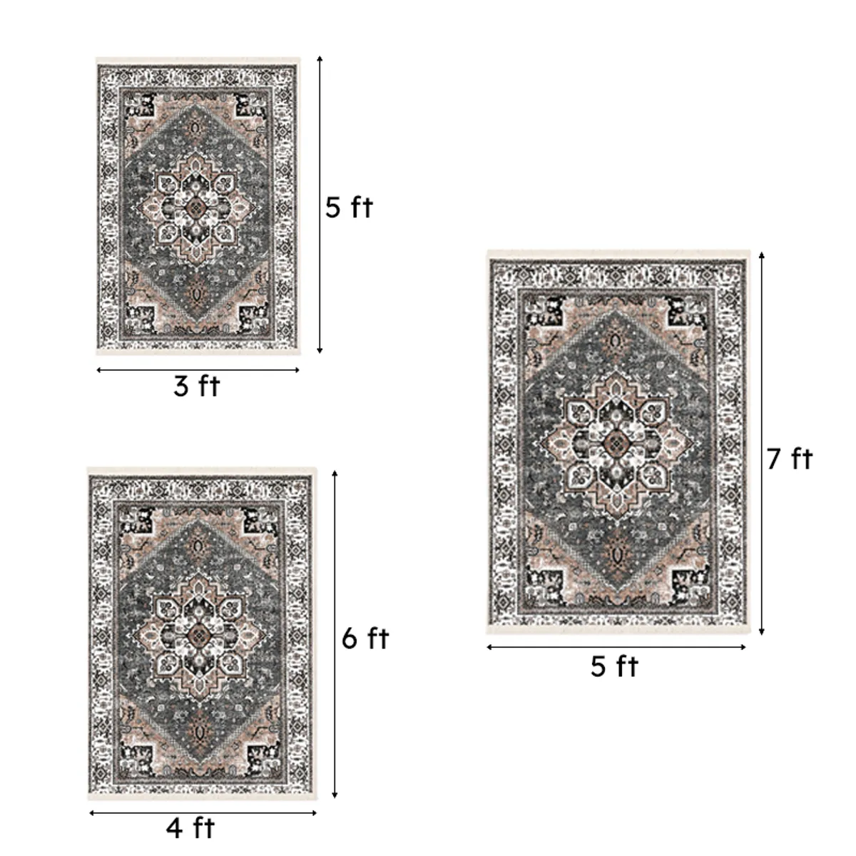 Three rectangular carpet size options shown with 3, 4 and 5 ft widths