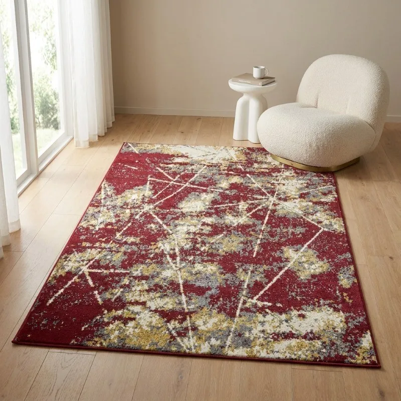 Maroon abstract carpet placed in a light-toned room