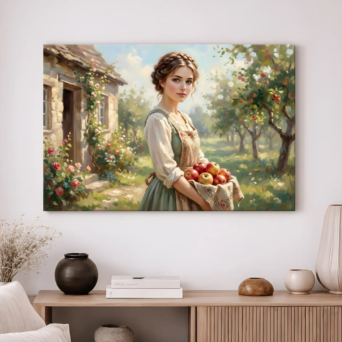 Large multicolour canvas wall art displayed above a console table