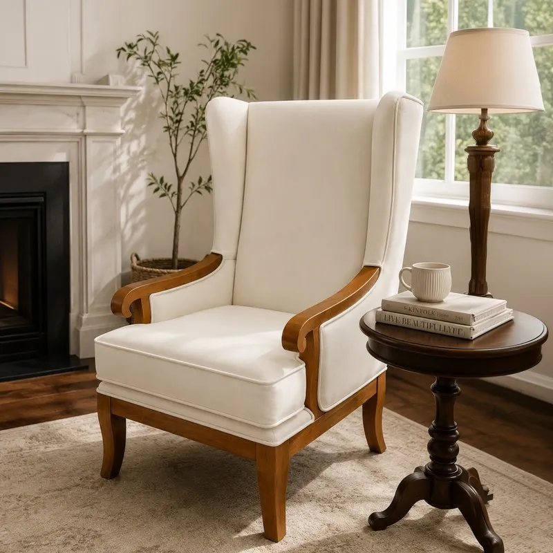 White lounge chair with curved wooden arms beside a side table and lamp