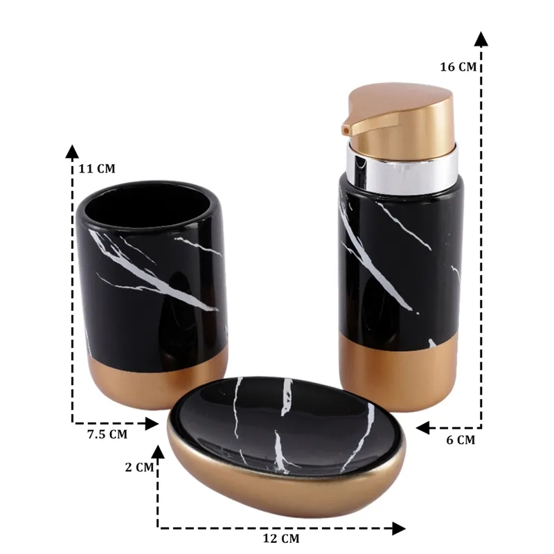 Black and gold bathroom set shown with visible height and width markers