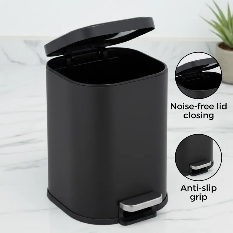 Open black pedal dustbin with close-up insets of lid hinge and pedal