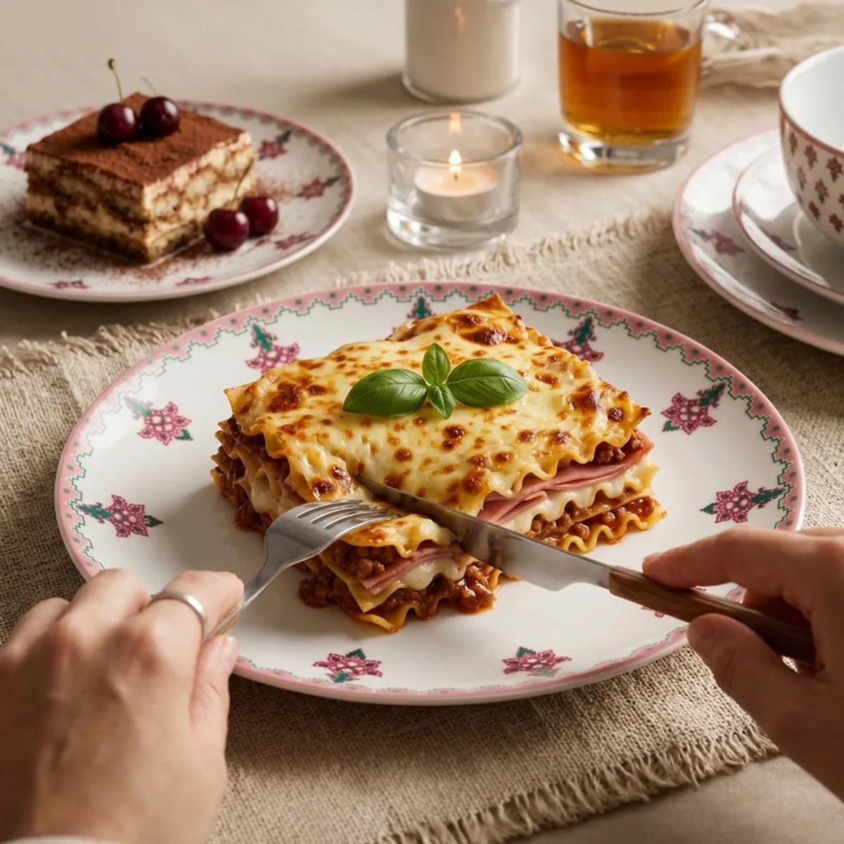 Pink and white floral dinner plate styled with a meal on a dining table