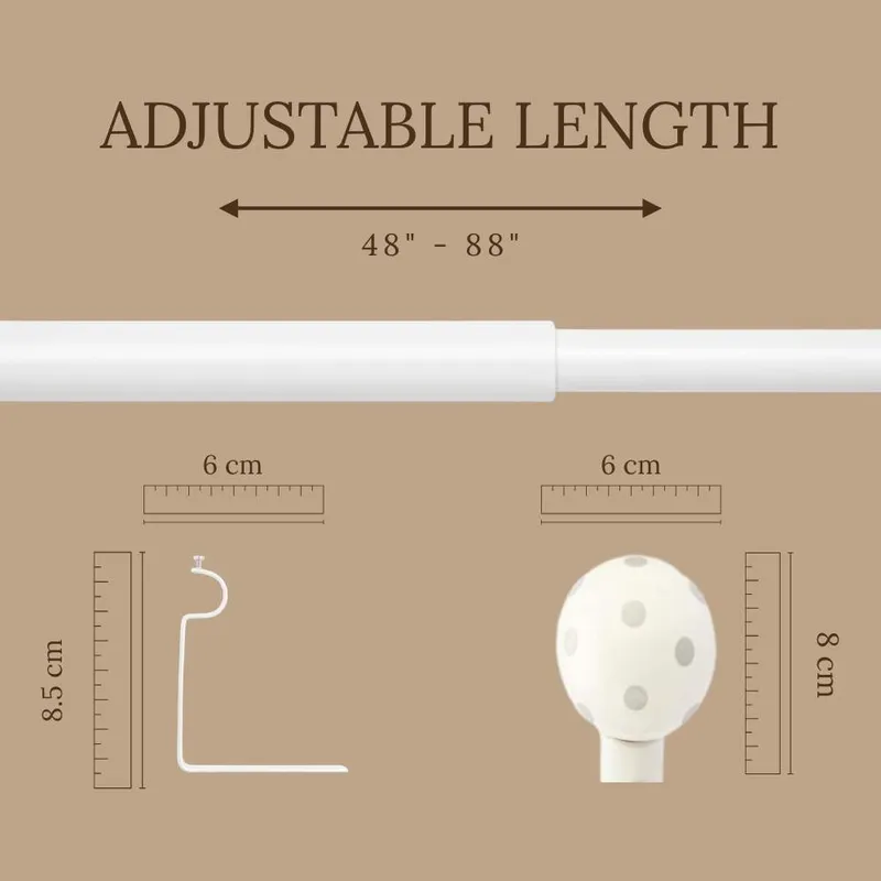 White extendable curtain rod shown with round finial and bracket