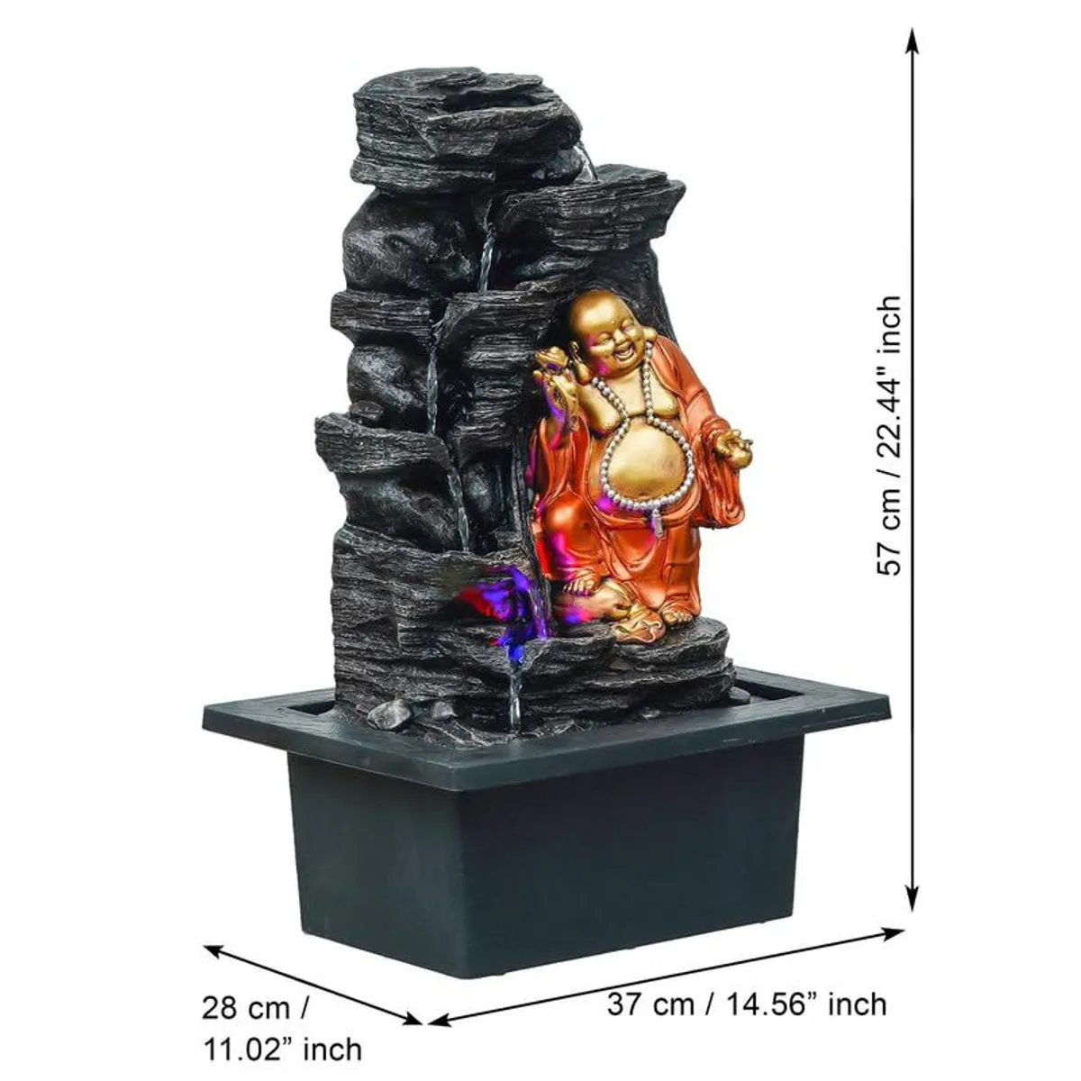 Angled product view of Laughing Buddha fountain with size graphic