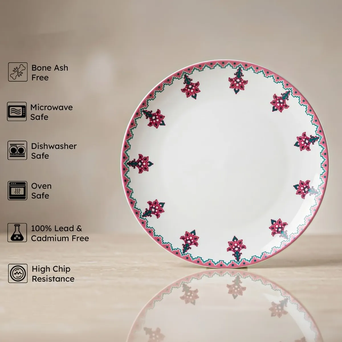 Single pink and white floral dinner plate with decorative border