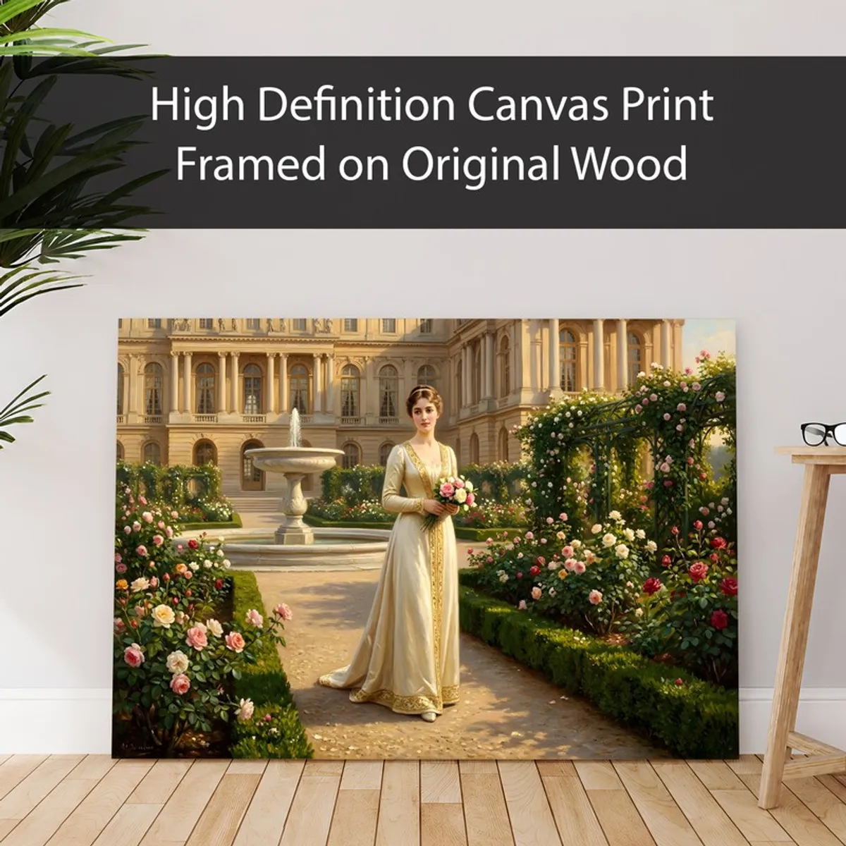 Canvas wall art of a woman in a blooming formal garden leaning against a wall on wooden flooring.