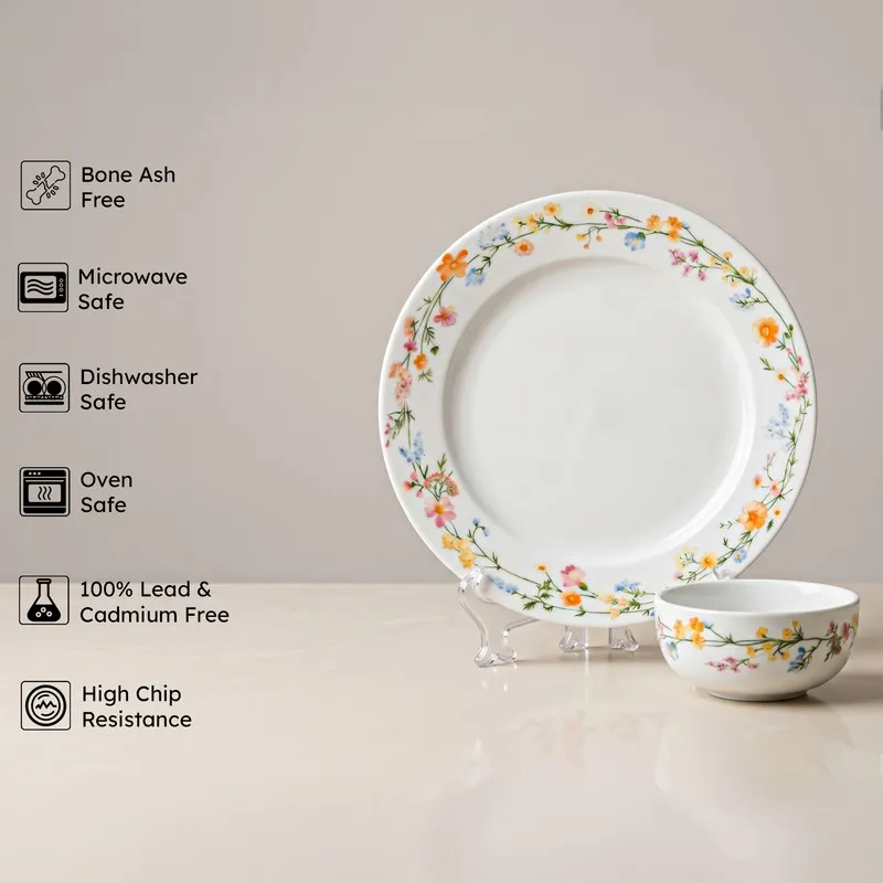 Round floral dinner plate and matching bowl from the multicolour set
