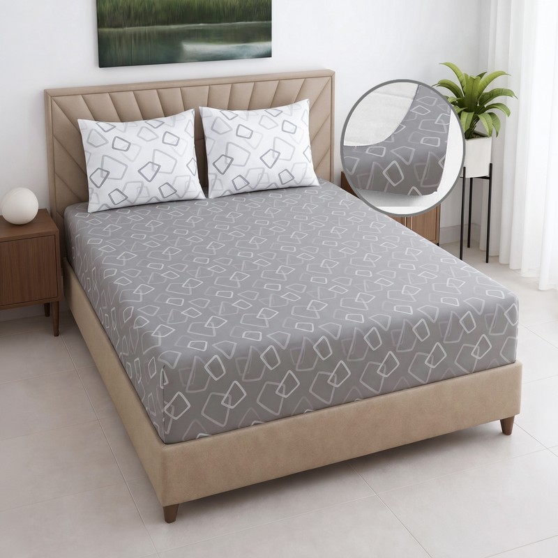 Angular Charm Cotton Fitted Bedsheet (Grey) - 400 TC - Queen Fitted