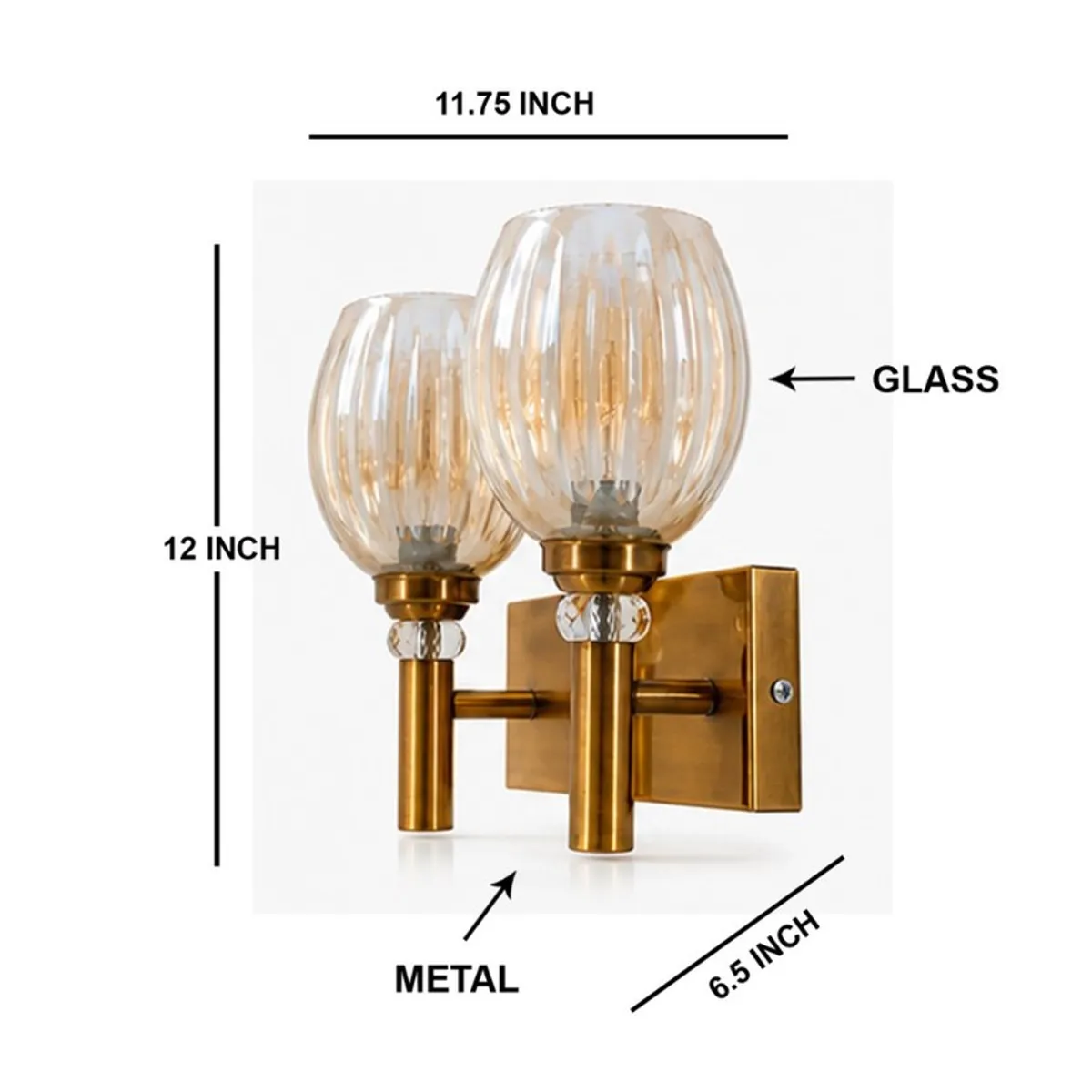 Gold twin wall lamp shown with labelled dimensions and material callouts