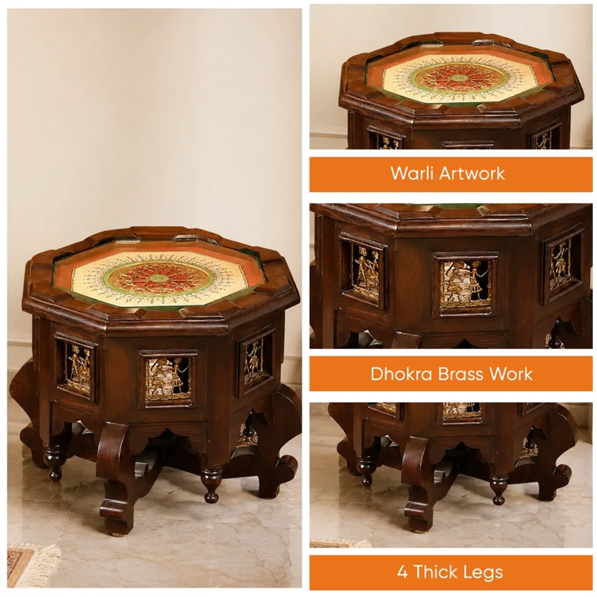 Collage of the side table highlighting the top, side panels and legs
