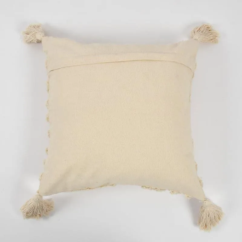 Back view of a white square cushion cover with tassels