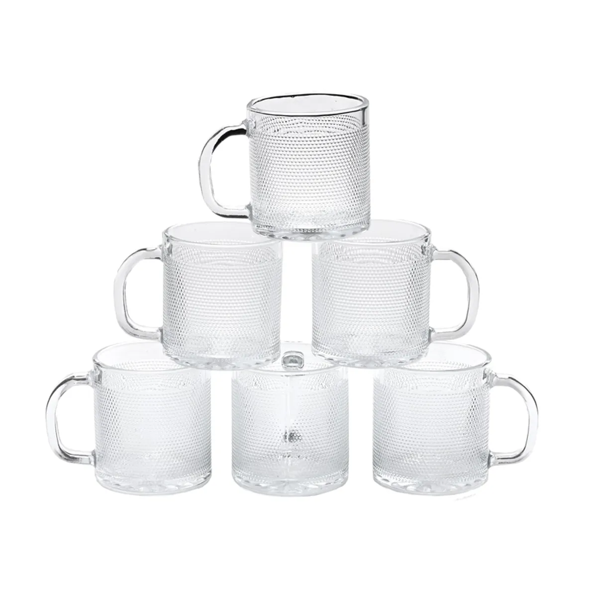 Six transparent textured glass mugs stacked in a pyramid arrangement.