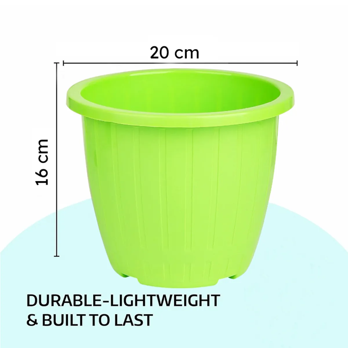 Green ribbed planter shown with 20 cm width and 16 cm height markings.