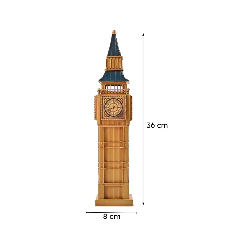 Clock tower showpiece with dimension view showing 36 cm height and 8 cm width