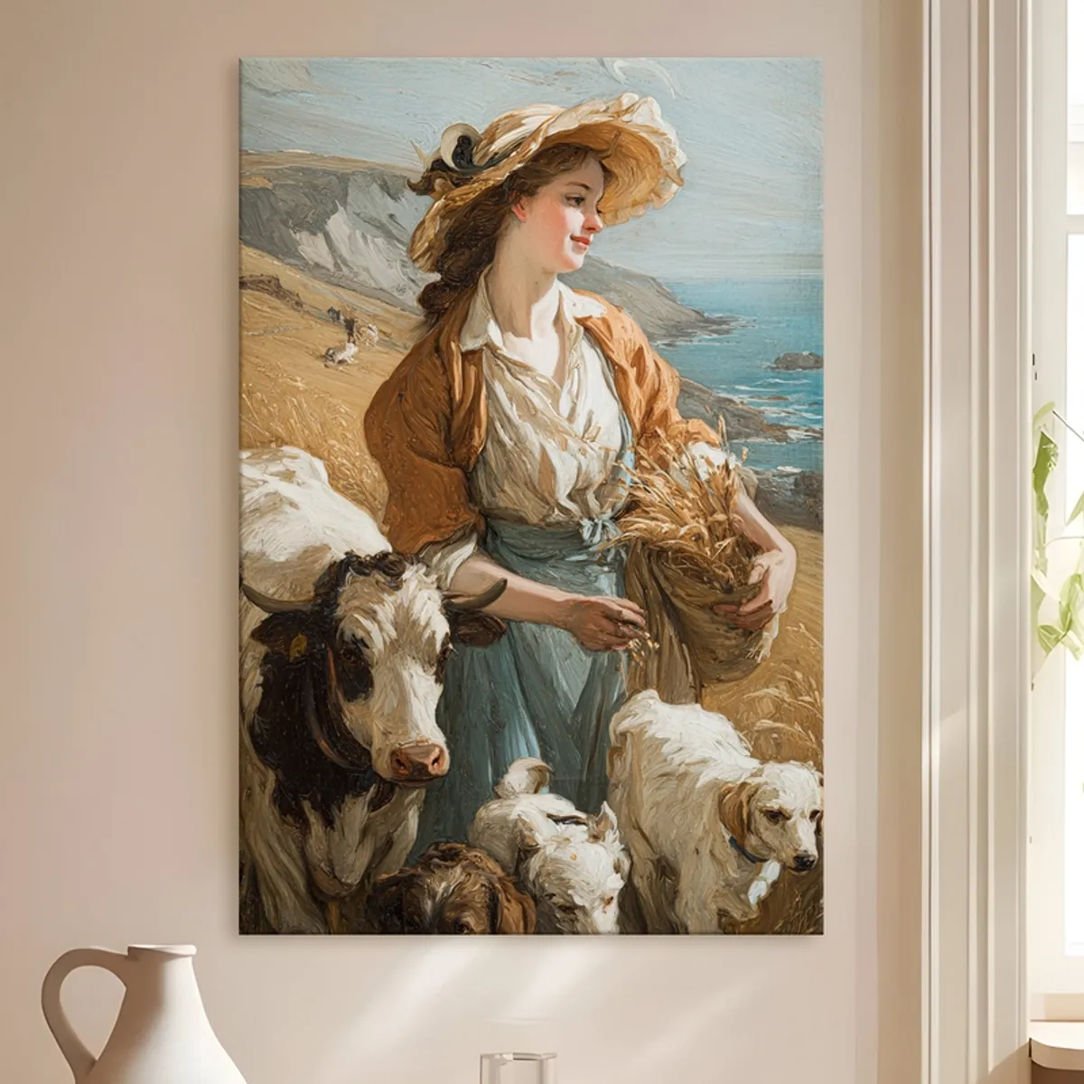 Victorian-style coastal figurative painting displayed on a wall