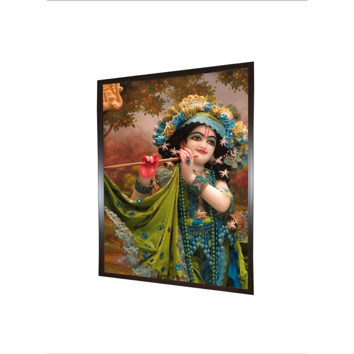 Angled view of framed Krishna canvas wall painting