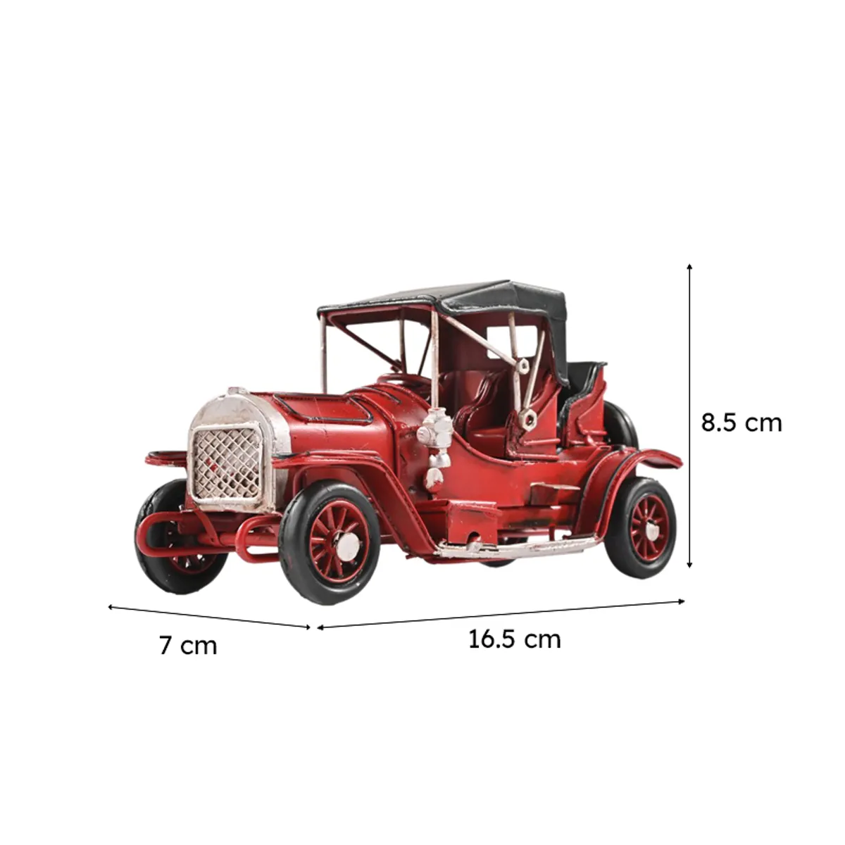 Red vintage car showpiece with dimensions shown