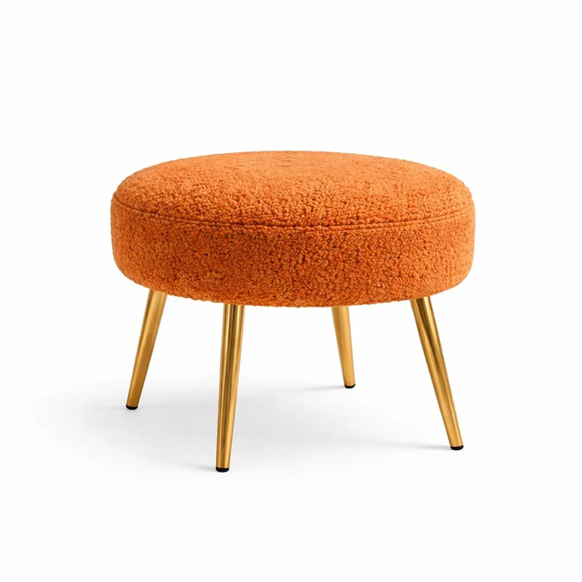 Orange round bouclé stool with four gold-finished legs on white