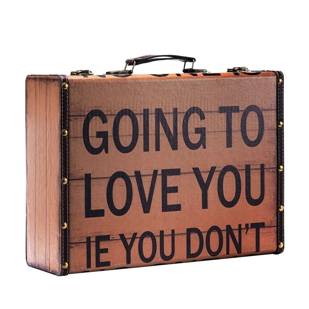 Brown suitcase-style storage box with black text and top handle