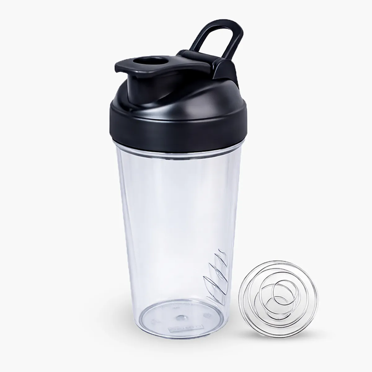 Single transparent and black shaker bottle with steel blending ball on white background