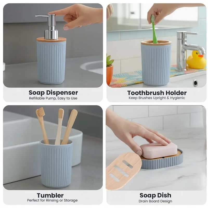 Four grey bathroom accessories shown in use as a dispenser, toothbrush holder, tumbler and soap dish