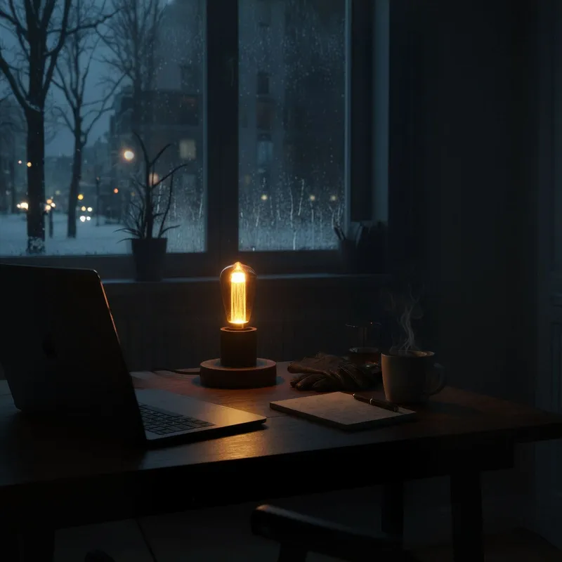 Warm glowing table lamp placed on a desk in a dark room by a window