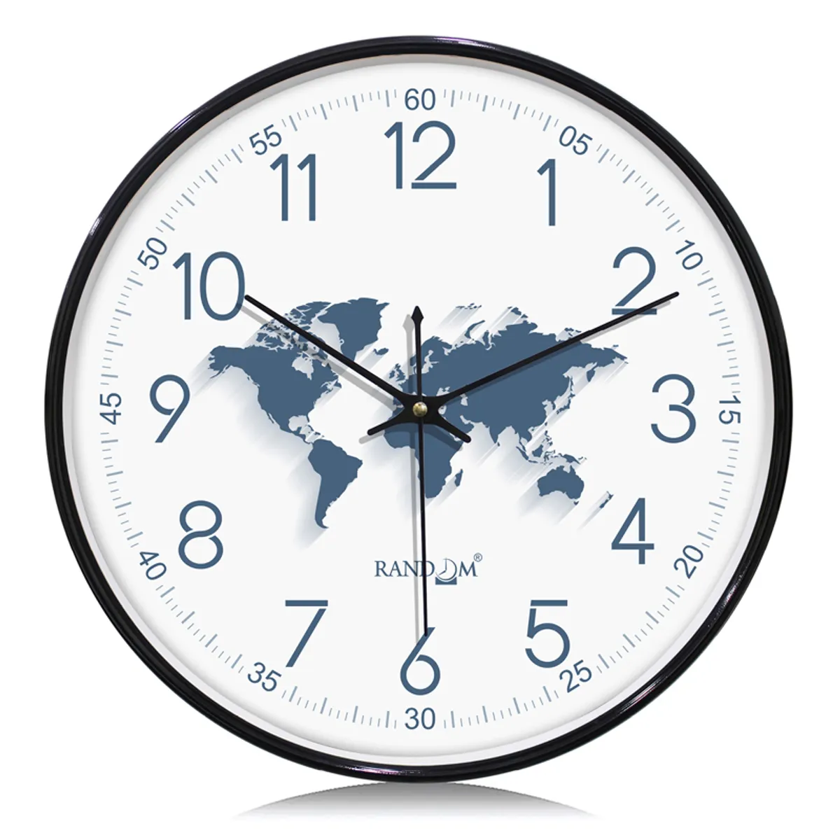Front view of the navy blue and white round wall clock with a world map design.