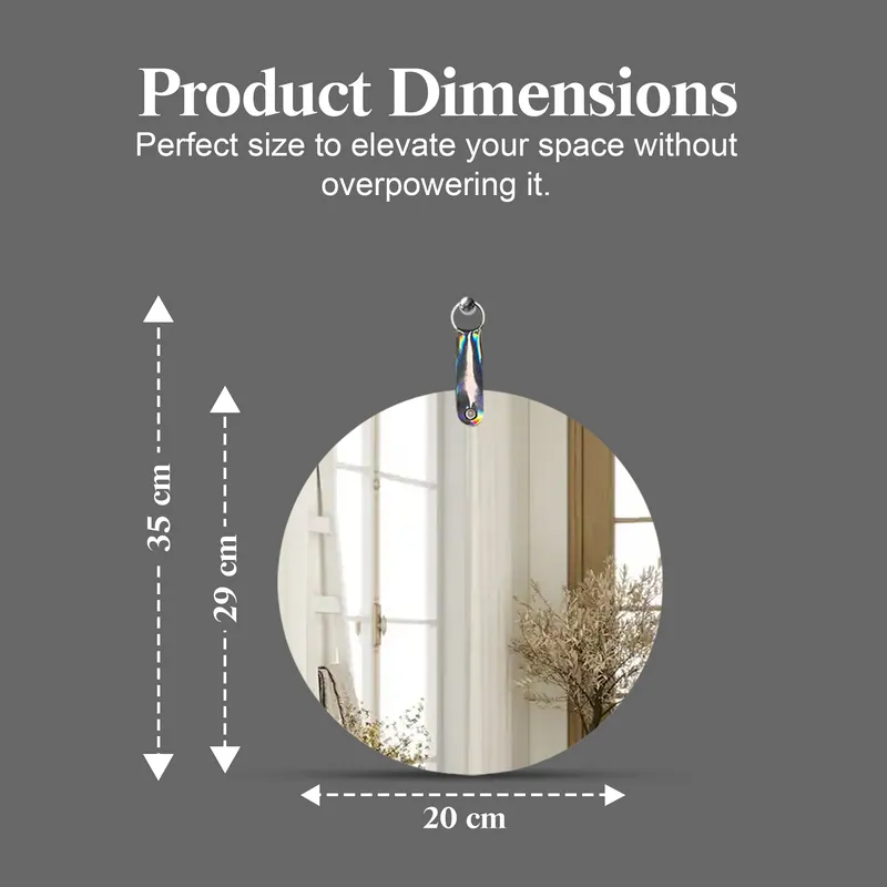 Round frameless mirror shown with dimension graphic on a grey background