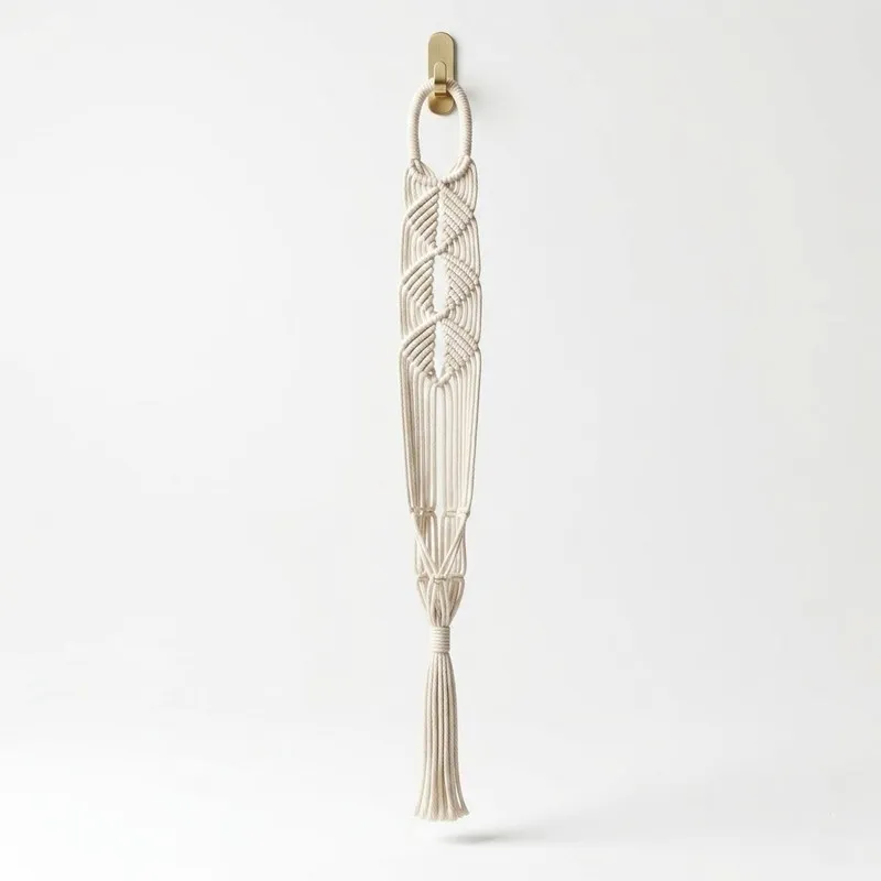 Single white macrame plant hanger hanging against a plain wall
