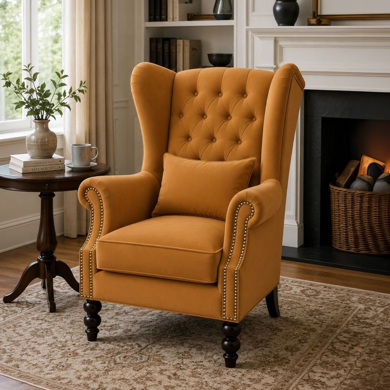 Belvedere Teak Wood & Suede Lounge Chair - Mustard Yellow