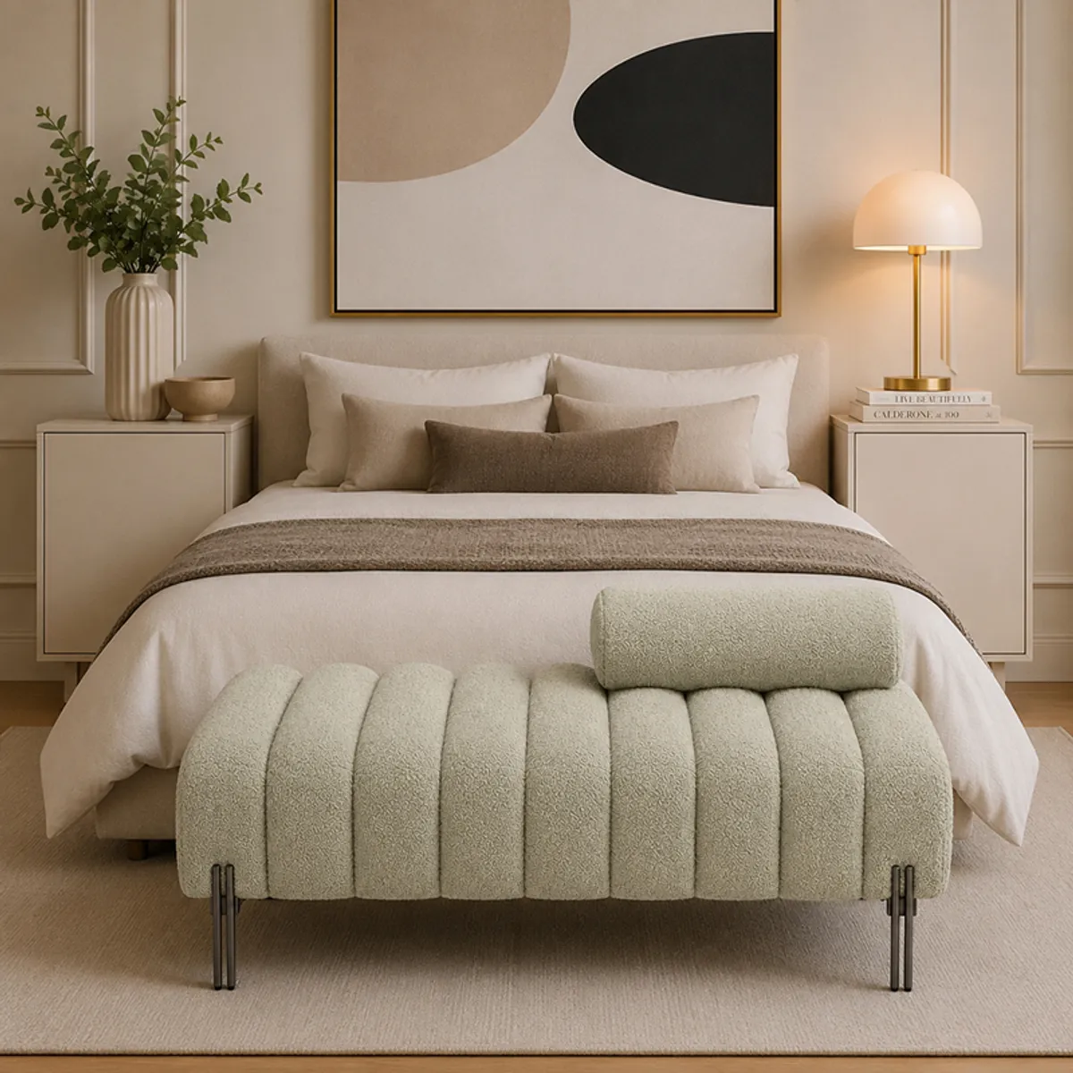 Sage green upholstered bench positioned at the foot of a bed