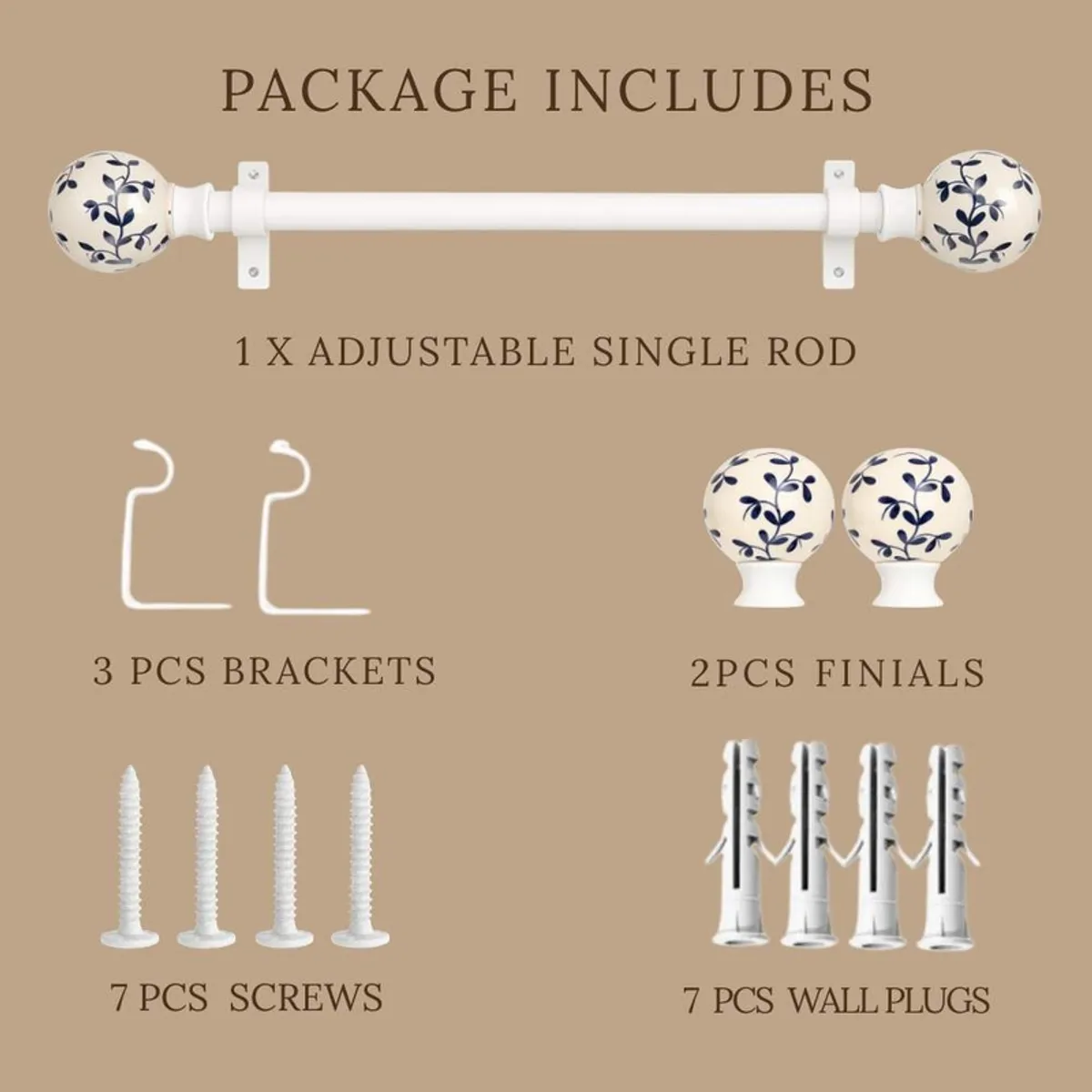 White curtain rod set with round blue vine finials and mounting components displayed