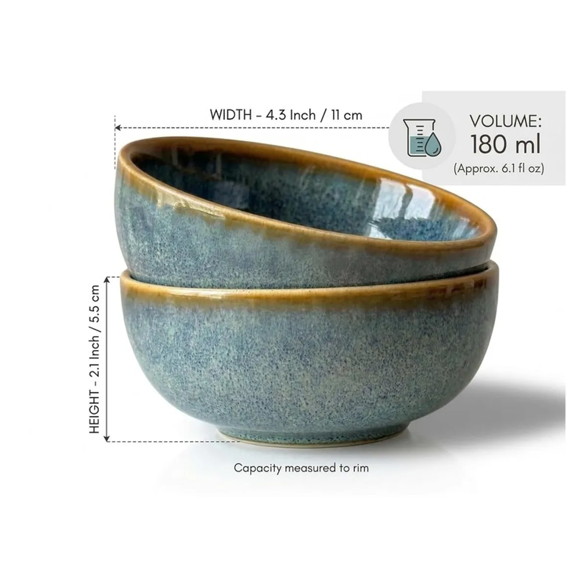 Two blue-grey ceramic bowls showing size and 180 mL capacity graphic