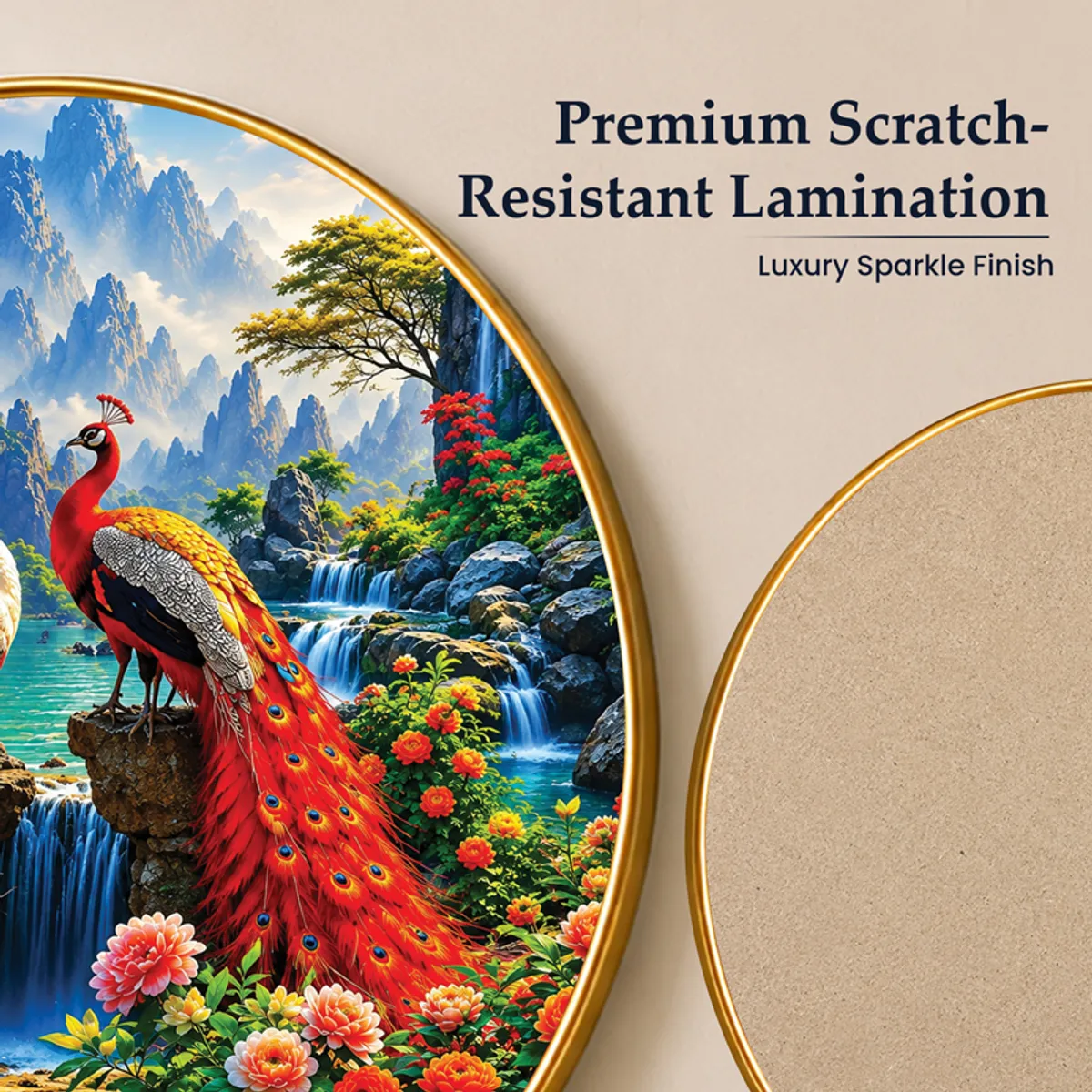 Close-up of peacock artwork edge and back panel with printed text