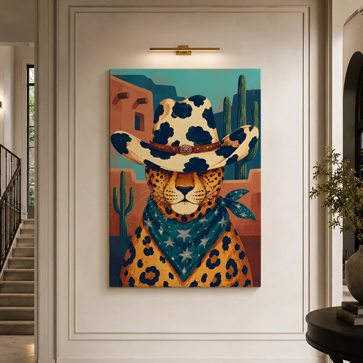 Large leopard canvas wall painting displayed in a hallway setting