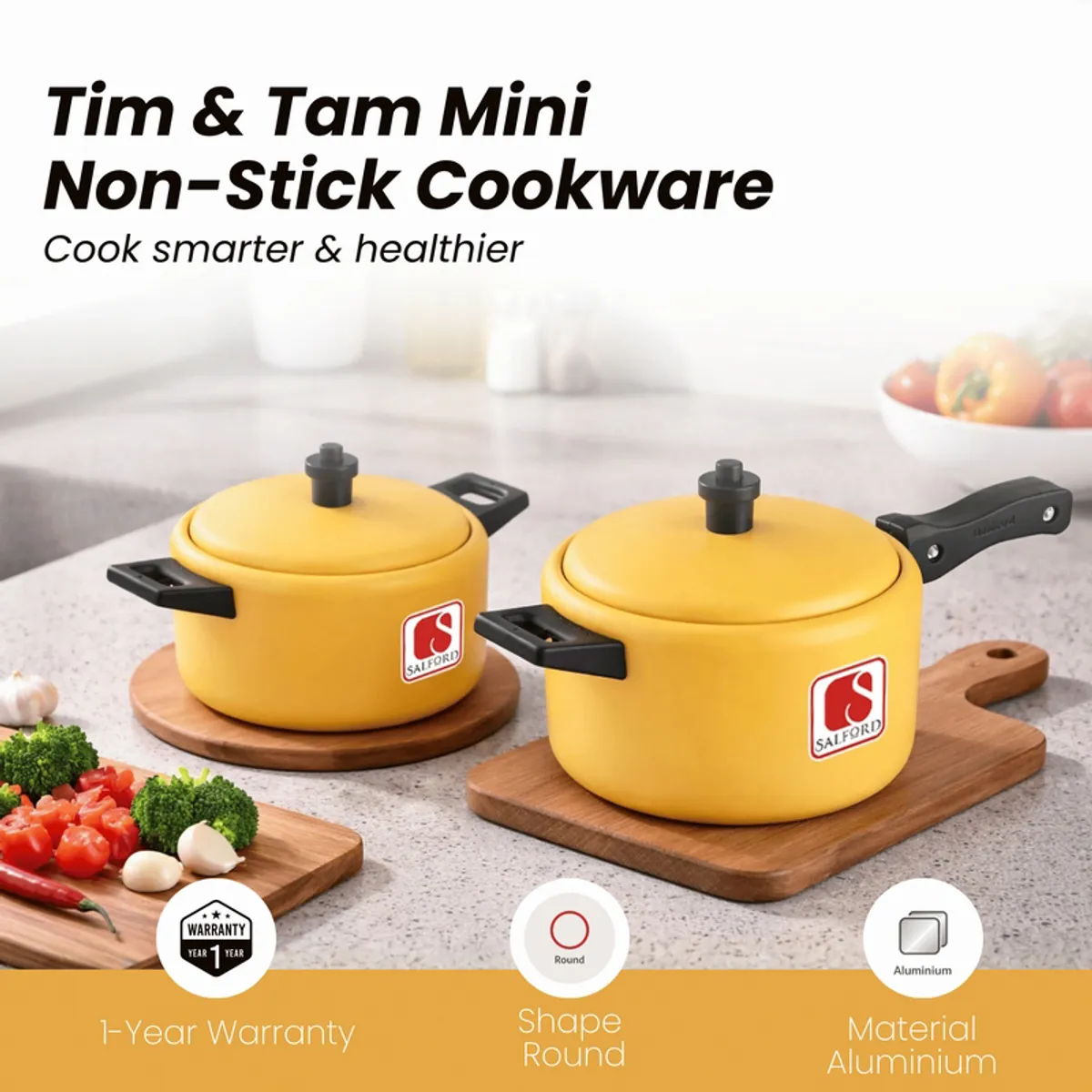 Two yellow non-stick cookware pieces with lids displayed in a kitchen